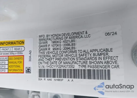 2024 Honda Accord Lx z USA, uszkodzony, nr VIN 1HGCY1F22RA073352